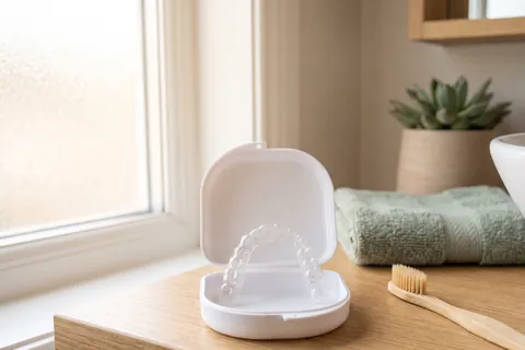 Clear aligner in its case on a bathroom counter next to a toothbrush