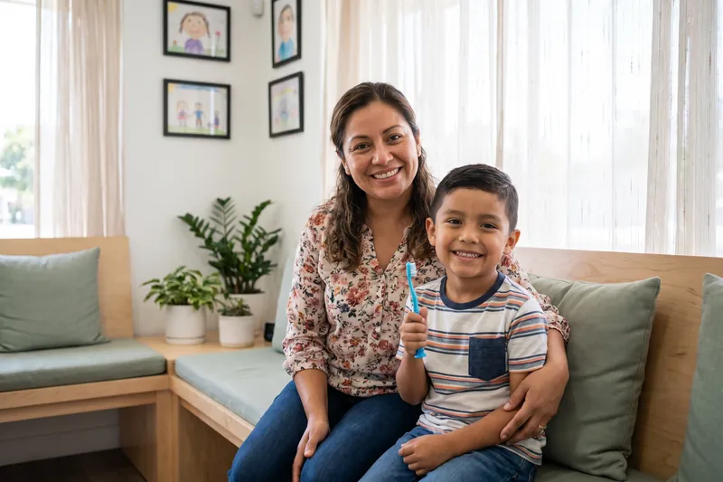 Mother and son smiling in the waiting area, the boy holding a new toothbrush